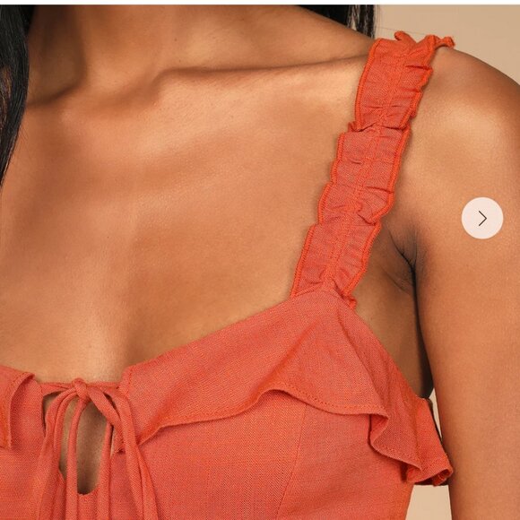 Lulus Weekend Fun Rust Orange Tie-Front Ruffled Skort Romper Linen Blend Size M - Picture 7 of 12